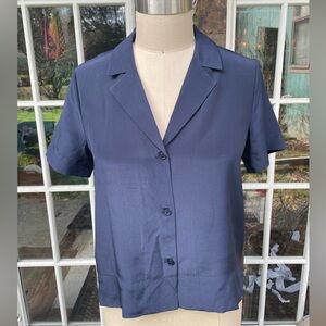 Lilysilk Dark Navy Blue Short-Sleeve Button-up Blouse